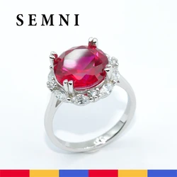SEMNI 11mm Round Cut Four Claw Ruby Ring For Women Girls Rhodium Plated 925 Sterling Silver Anillos Engagement Gift