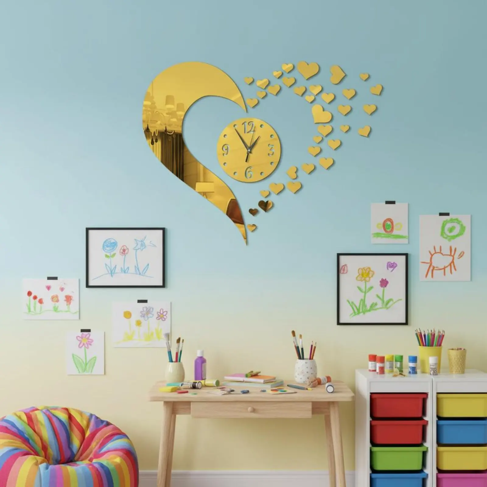 DIY Heart Wall Clock Silent Movement Love Heart Sticker Clock House Decoration Adjustable Diameter Waterproof for Partners
