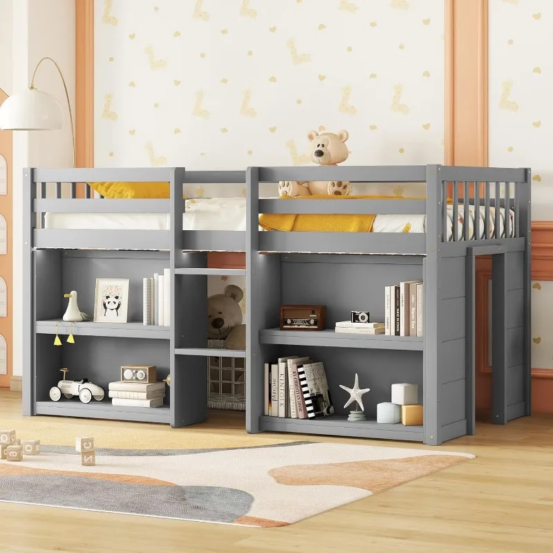 

Low loft bed with storage rack and LED lights, wooden children's loft theater, spacious space below