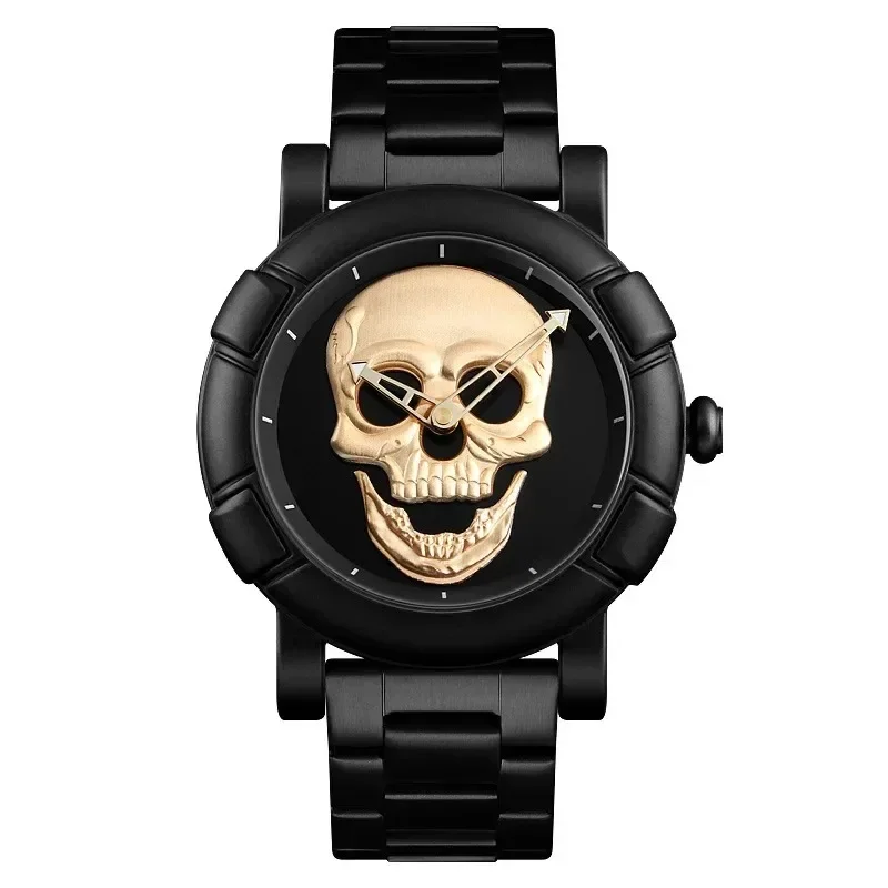 

Black Dial Quartz Men Watches 3D Skull Head Pattern Stainless Steel Steampunk Rock Engraved Cool Mexico Man Male Reloj Hombre