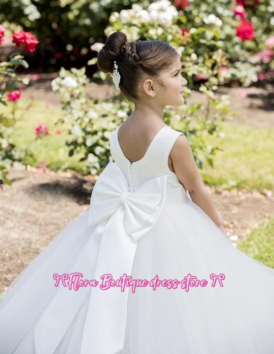 Vestidos de menina de flor sem mangas inchados de tule personalizados para casamento arco vestidos de baile crianças primeira comunhão vestidos festa de aniversário