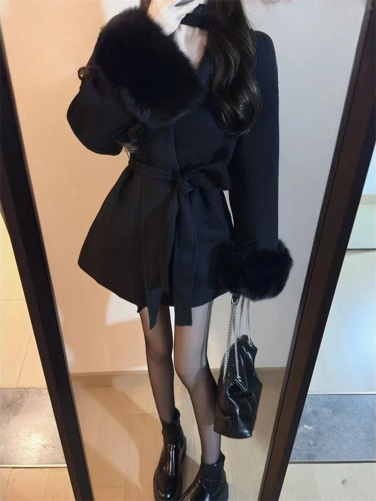 Franse stijl elegante losse wollen jas dames herfst winter effen bont patchwork modemengsels Hepburn vintage cape wollen jassen