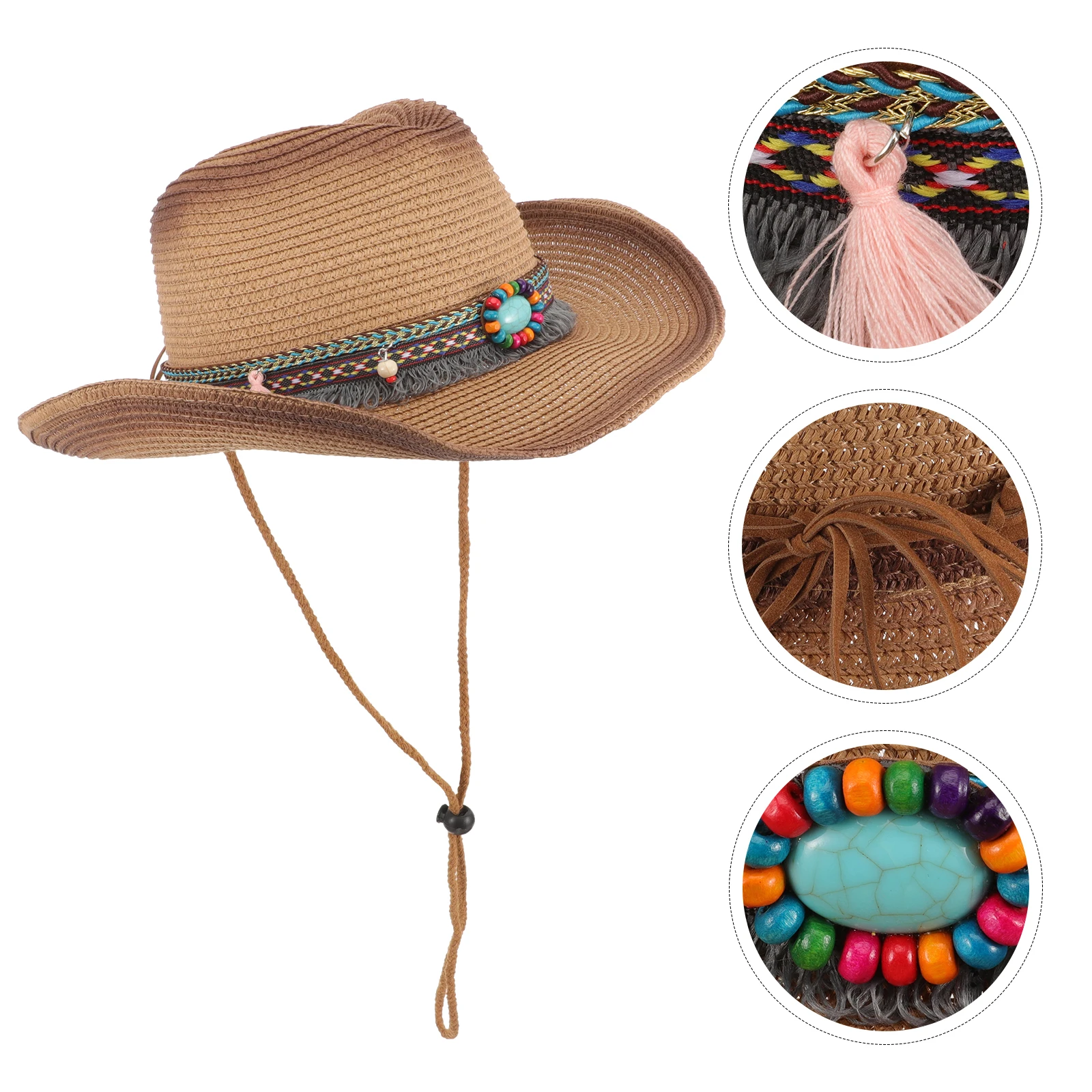 

Straw Cowboy Women Men Sun Beach Outdoor Wide Brim Hats Summer Travel Foldable Adjustable Chin Strap Cowgirl Hat Sun Hat