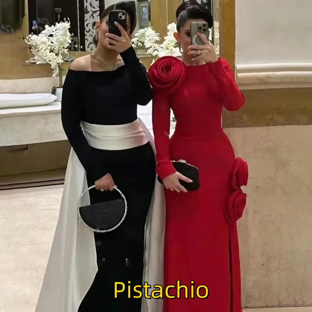 Customized Exquisite Flower Applique Women Prom Dress Long Sleeve Charming Mermaid Floor Length Party Dress Women Evening Gown