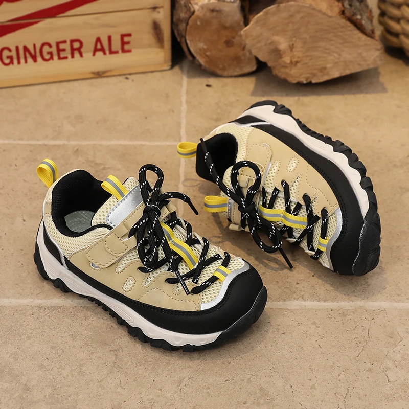 Kids Outdoor Hiking Shoes Mesh Upper Hook And Loop Lace Up Non‑Slip Thick Sole Lightweight Wear Resistant Children Sports Shoes