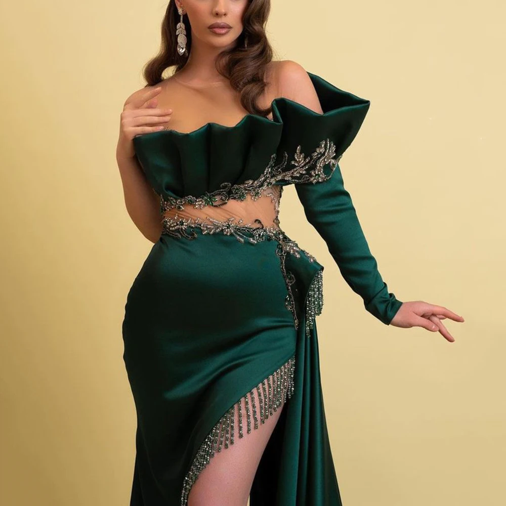 Exquisite Green Evening Dresses One Shoulder Sleeve Strapless Floor Length Mermaid High Side Split Beading Women Banquet Gowns