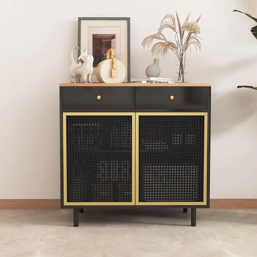 

Modern Buffet Sideboard Cabinet, Iron Rattan Kitchen Accent Storage Cabinet Console Television Table with 2 Doors and 2 Drawers,