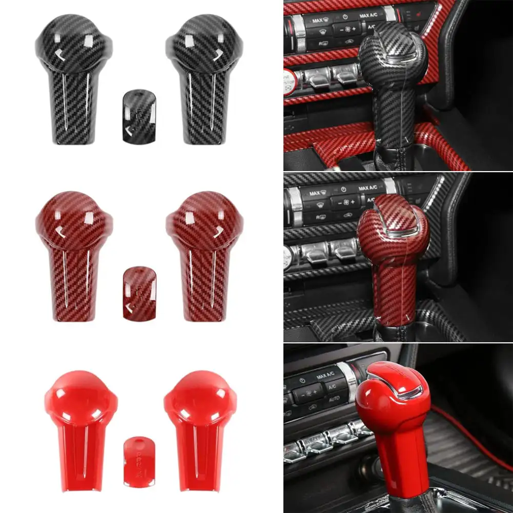 3Pcs/Set Car Gear Shift Knob Head Auto Interior Gear Knob Cover Trim Cover Red Black Carbon Fiber For Ford Mustang 2015 - 2019