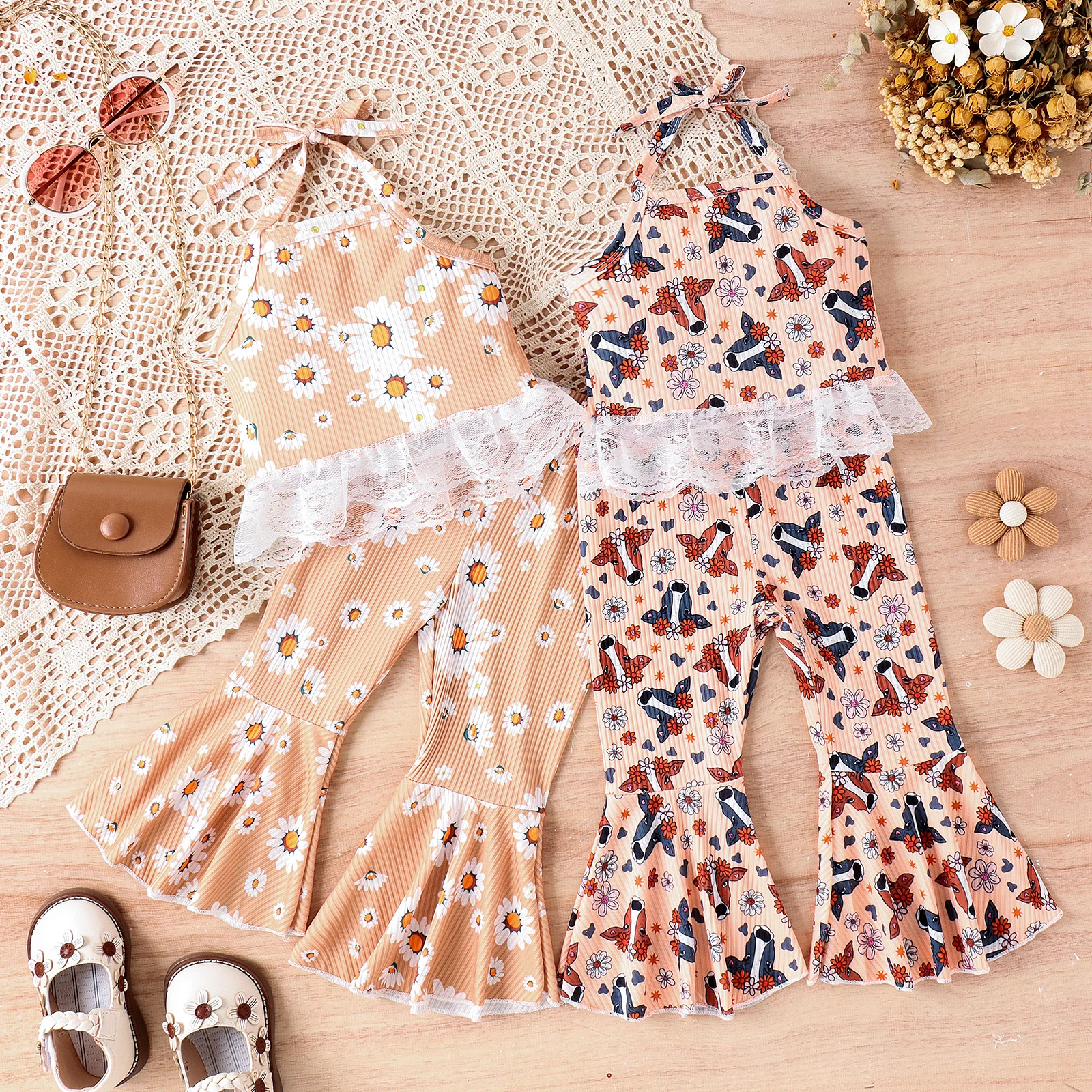 2PCS Summer Baby Girls Soft And Comfortable With White Mesh Embellished Printed Lace-Up Top + Flare Pants Fashion Suit