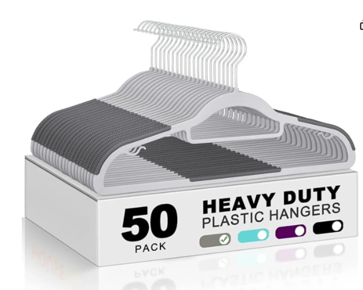 

50 Grey Plastic Hangers, Non-Slip w/ Rubber Grip. Heavy-Duty, 360° Swivel Hook. Ultra-Thin, Space-Saving for Closet.