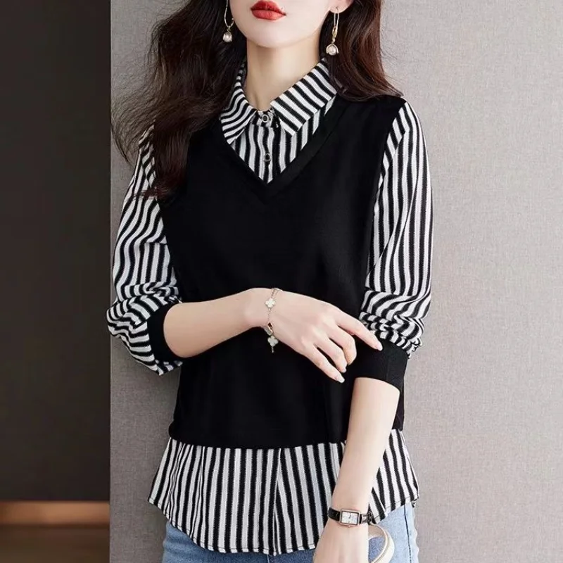 

Autumn and Winter New Splice Buttons Simplicity Stripe POLO Collar Long Sleeve Commuter Pullover Temperament Women's Clothing