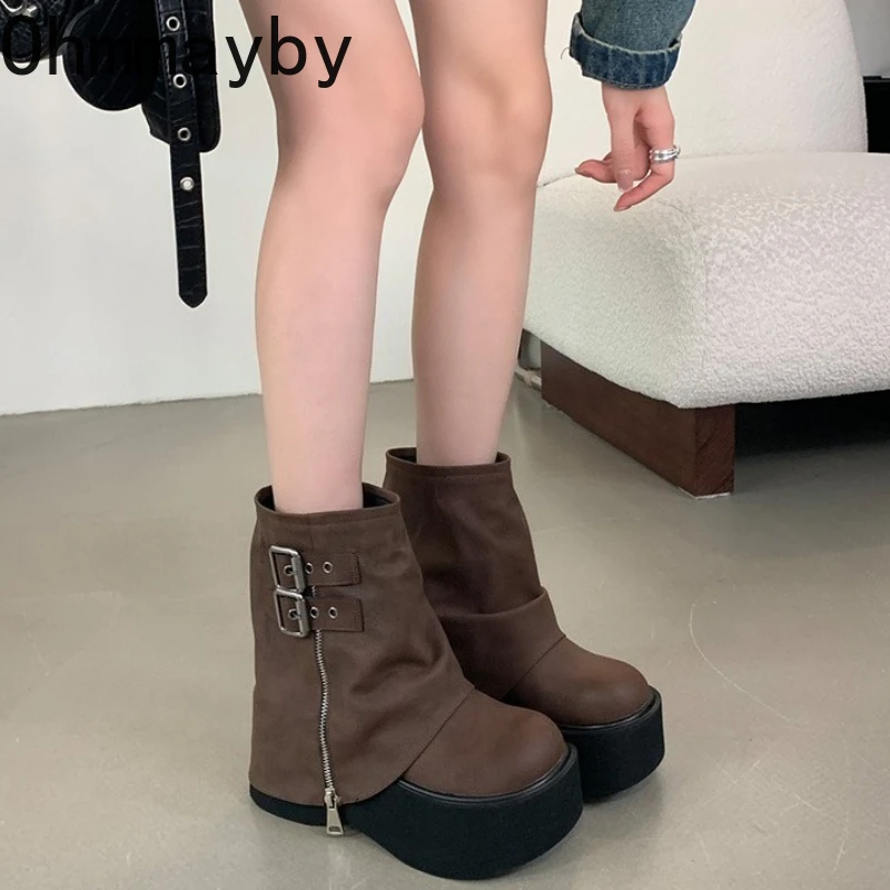 

Thick Bottom Women Ankle Boots Designer Belt Buckle Platform Heel Shoes Autumn Winter Modern Short Booties