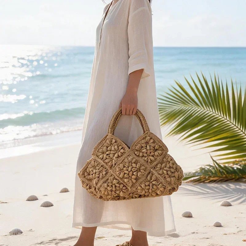 Handgefertigte Strandtasche aus gewebtem Papier, hochwertige 3D-Blumen-Grastasche, große Kapazität, tragbare Urlaubstasche für Frauen am Meer. – Detail 16