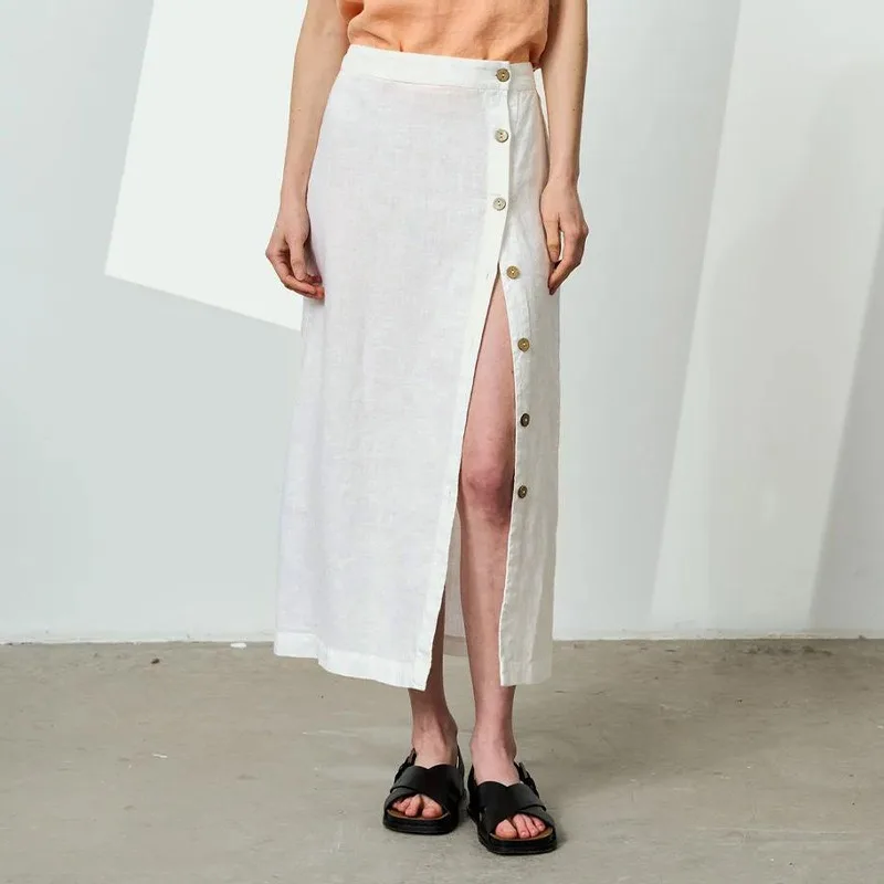 Summer Linen Cotton Side Split Skirt Women's 2026 New Chic High Waist Skirt Casual Style Elastic Waist Mid-Length Skirts