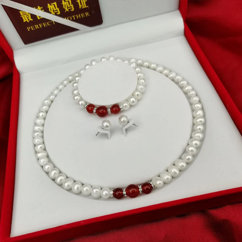 

Natural freshwater pearl jewelry set with red agate necklace, bracelet, and earrings holidays