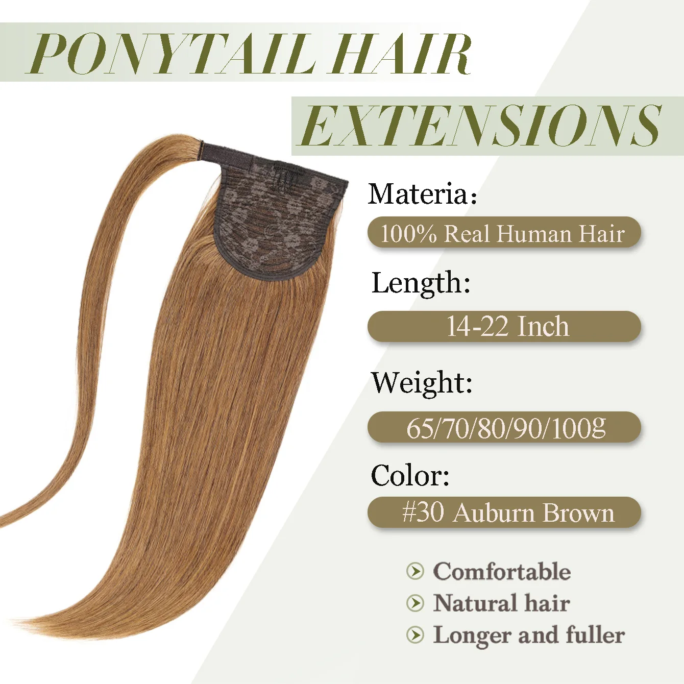 Ponytail Extension #30Auburn Brown Natural Straight Human Hair Ponytail With Magic Paste Wrap Around Clip in Hair Piece Ponytail