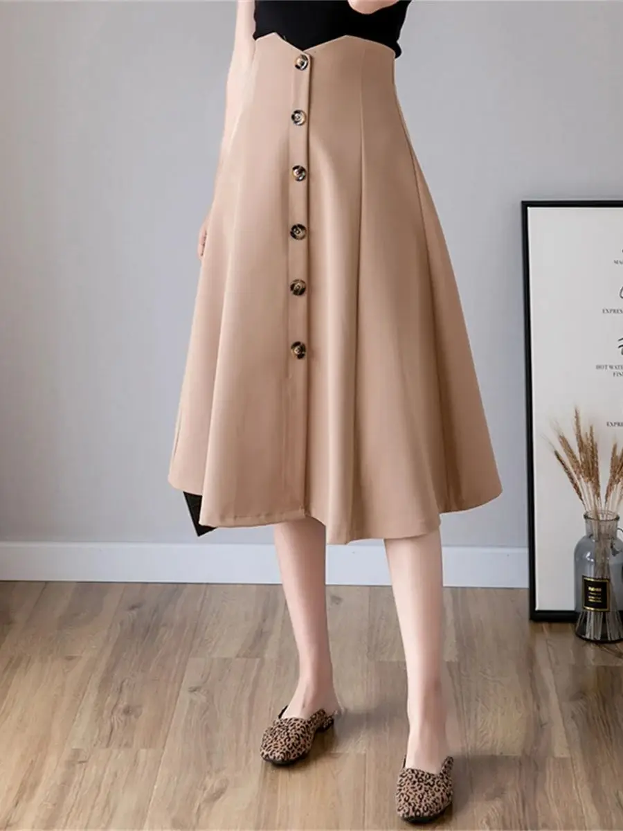 Elegant Commuter Career A-line Midi Skirt For Women 2025 Autumn New Single-breasted High waisted Solid Wild Long Skirt Female