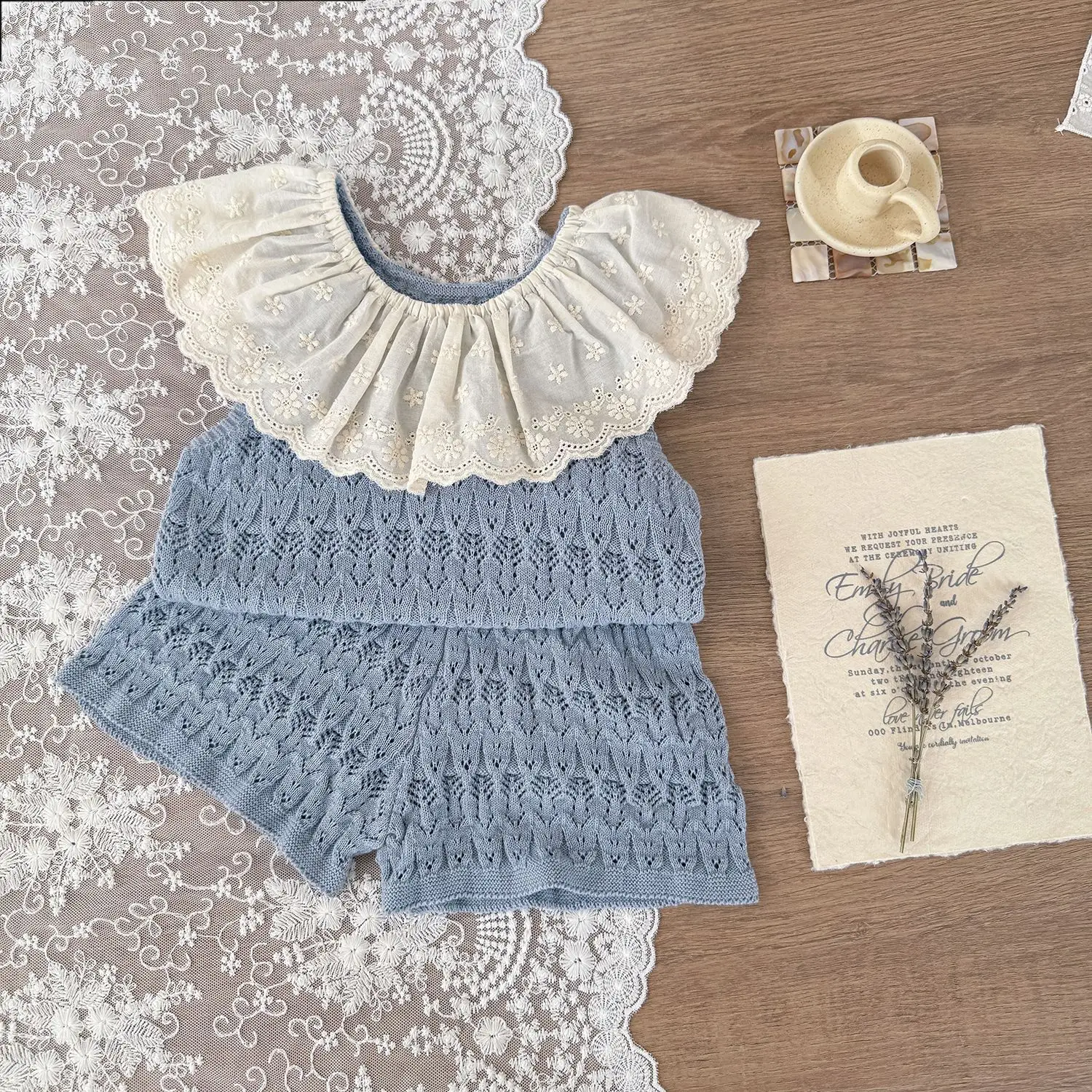 Girls Hollow Knit Vest Cotton Lotus Leaf Embroidered Lace Vest or Short Pant Baby Knitted Clothes 2025 Summer