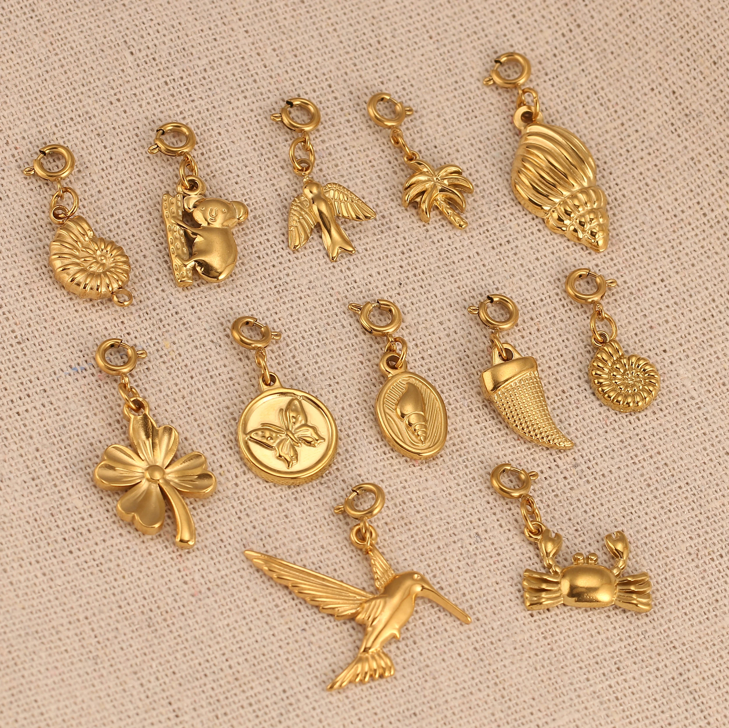 Cute Crab/Conch/Seagull/Clover Charm With Spring Clasp Buckle Stainless Steel Marine Choker Pendants for Jewelry Making Supplies