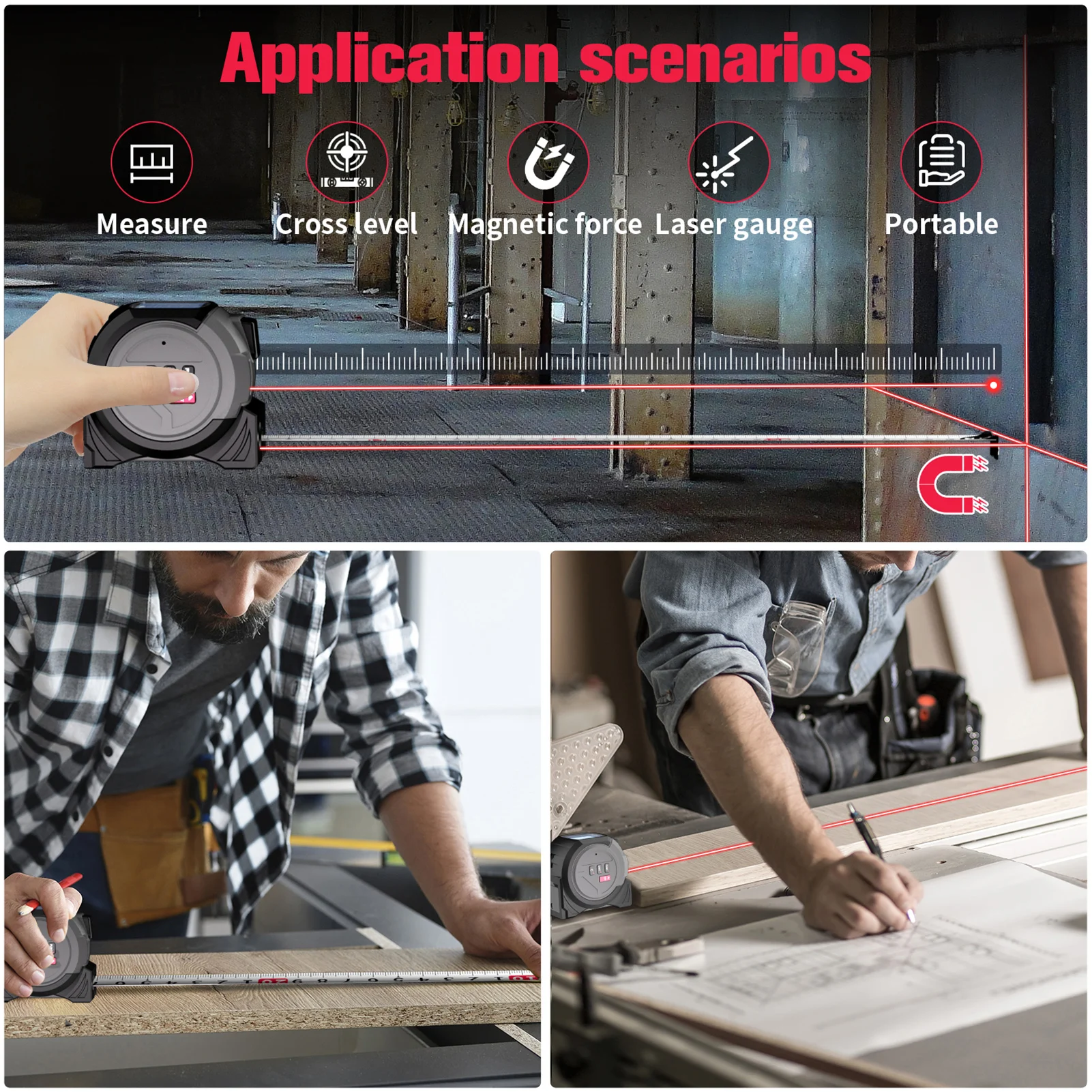 เทปเลเซอร์วัด 3in1 เลเซอร์วัดระดับ-เมตรเลเซอร์ 5M เทปวัดพีทาโกรัส, พื้นที่, การวัดปริมาตร