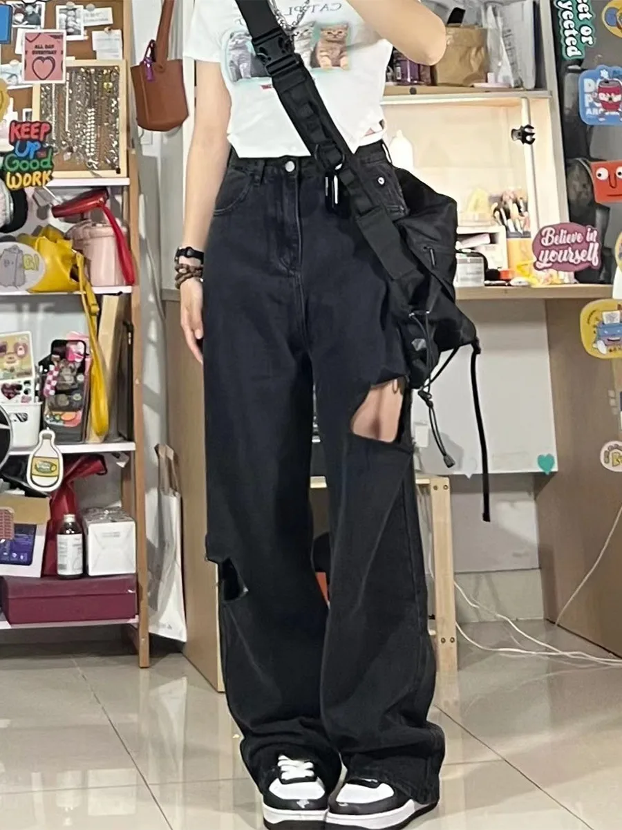 

High Waist Straight Leg Jeans Women plus Size Pear ape Body High Waist Hole Design Slimming Wide Leg Pants Summer Jeans
