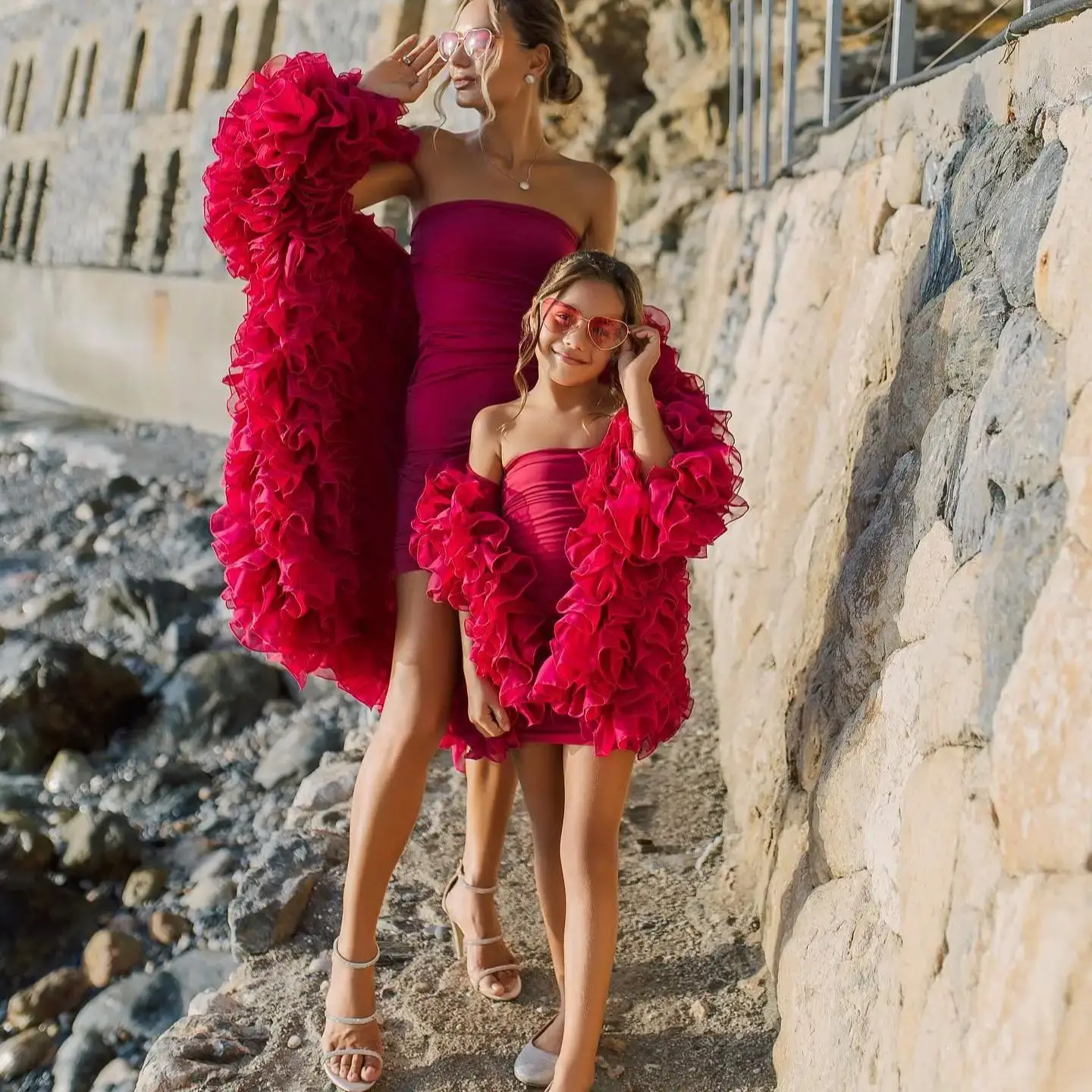 Dark Red Mum and Daughter Matching Outfit Long Sleeve Ruffles Tiered Mother and Daughter Matching Dress FOR Pictures or Birthday