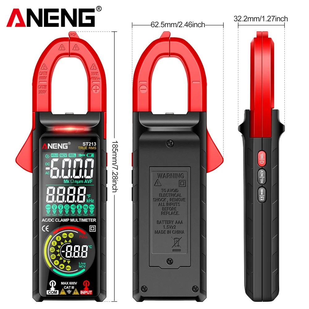 ANENG ST213 Clamp Meter VA Reverse Color Display Screen Multimeter CAT III 6000 Count True RMS Tester DC/AC Voltage Current Tool