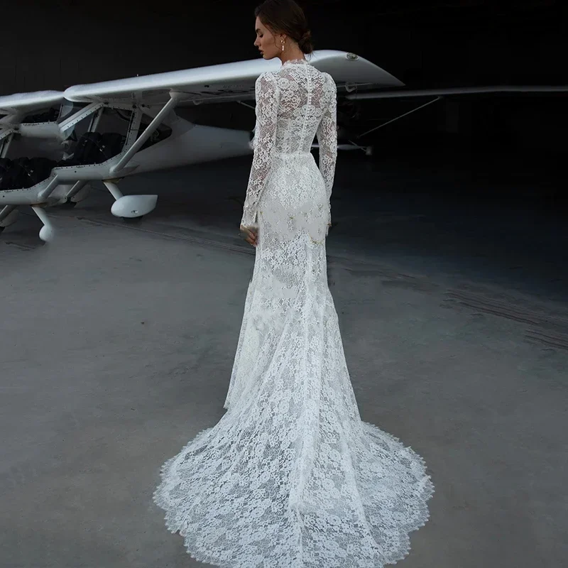 Personalizado de alta qualidade com decote em v sereia vestidos de casamento renda manga longa trem varredura longo vestido de noiva branco novia