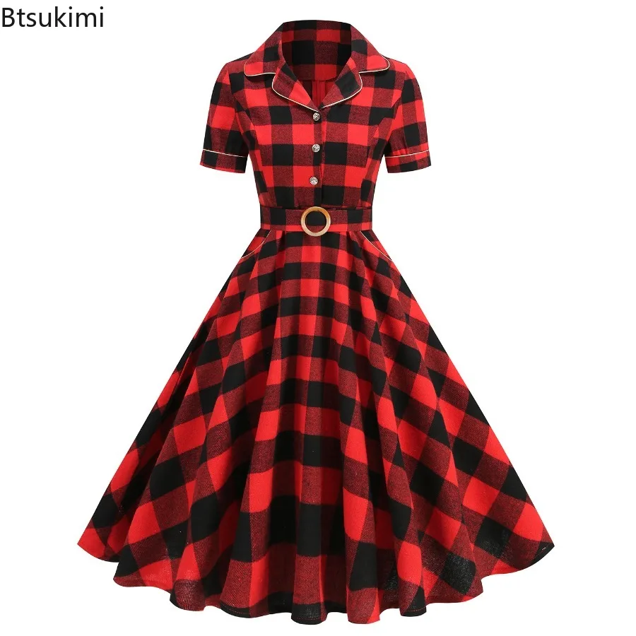 レディース ヘップバーン風 エレガント グリーン チェック柄 ヴィンテージ カジュアル ドレス 襟付き パッチワーク ビッグスイング ロカビリードレス