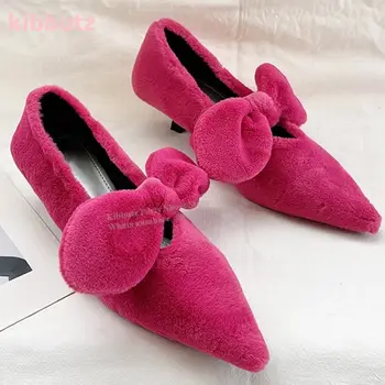 毛絨蝴蝶結單跟純色套腳尖頭小貓跟時尚新穎優雅性感女鞋最新款 8 最佳銷售 毛茸茸的高跟鞋 - №5