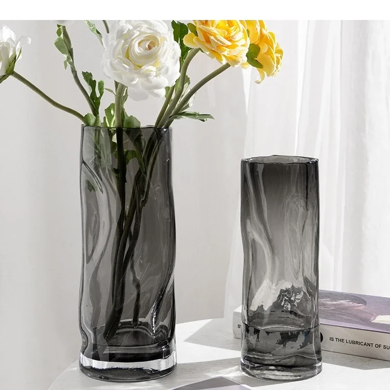 Minimalism Gray Cylinder Glass Vase Hydroponics Flower Pots Decorative Arrangement Floral Vases Living Room Decoration
