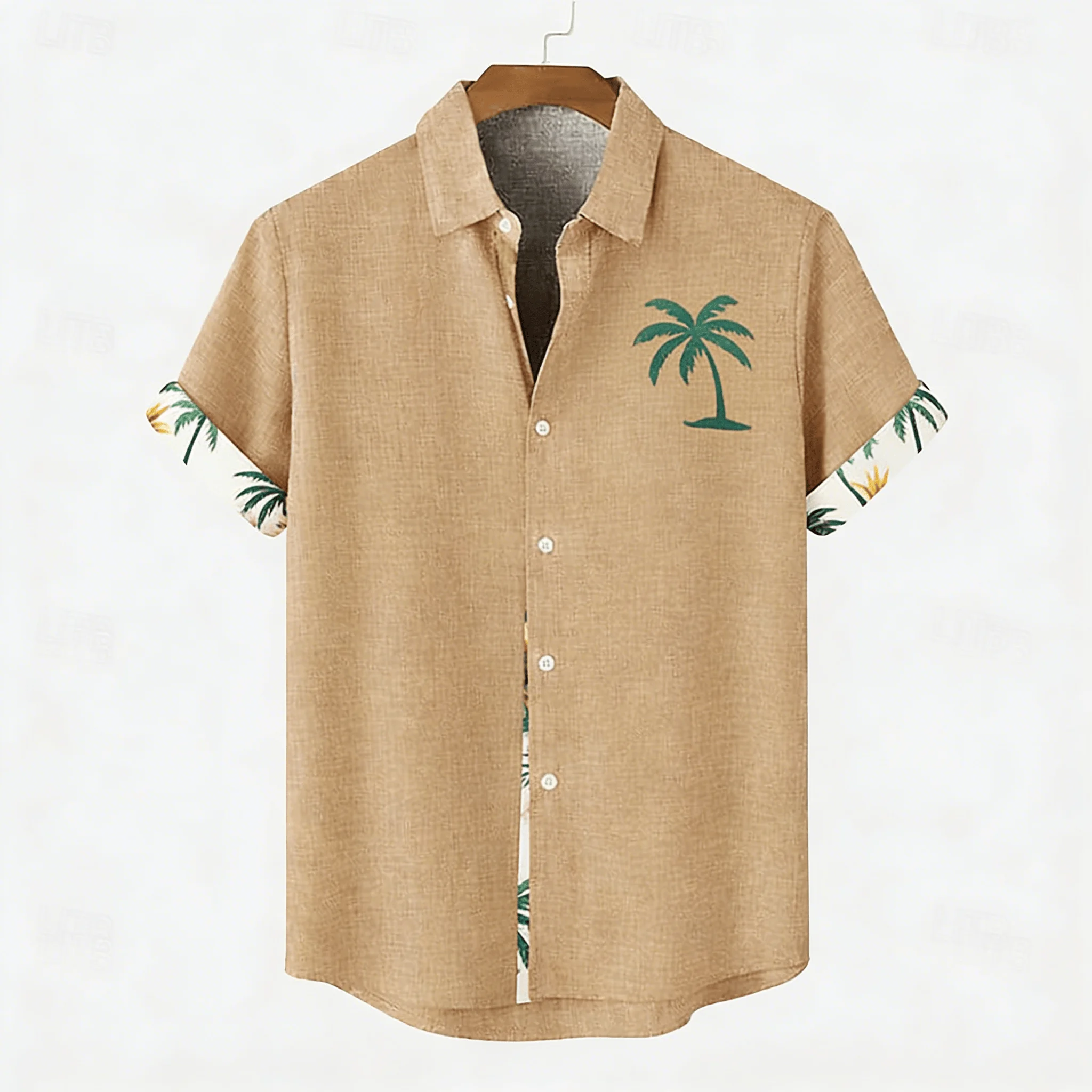 

Men's Summer Casual Shirt, Khaki Base with Single Palm Tree Accent Print Cuffs, Turn-Down Collar Top for Beach Vacation