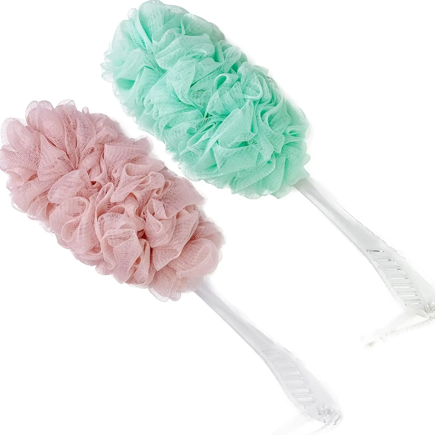 

Long Handle Loofah Bath Brush - 2 Pack, Green & Pink, Exfoliating Back Scrubber for Men & Women
