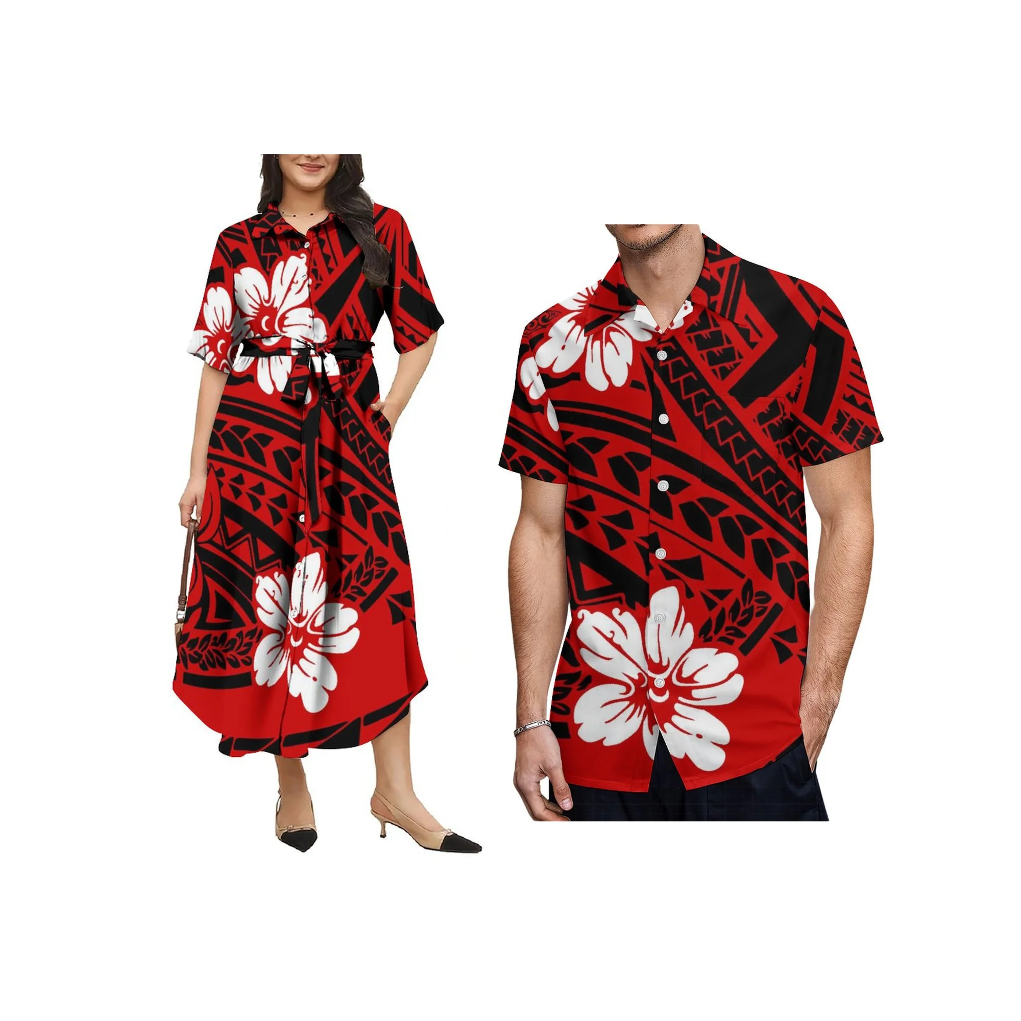 Polynesian Print Samoa Island Design Custom Women Button Shirts Dress Tie-Ups Long Dress Big Size Summer Casual Dress