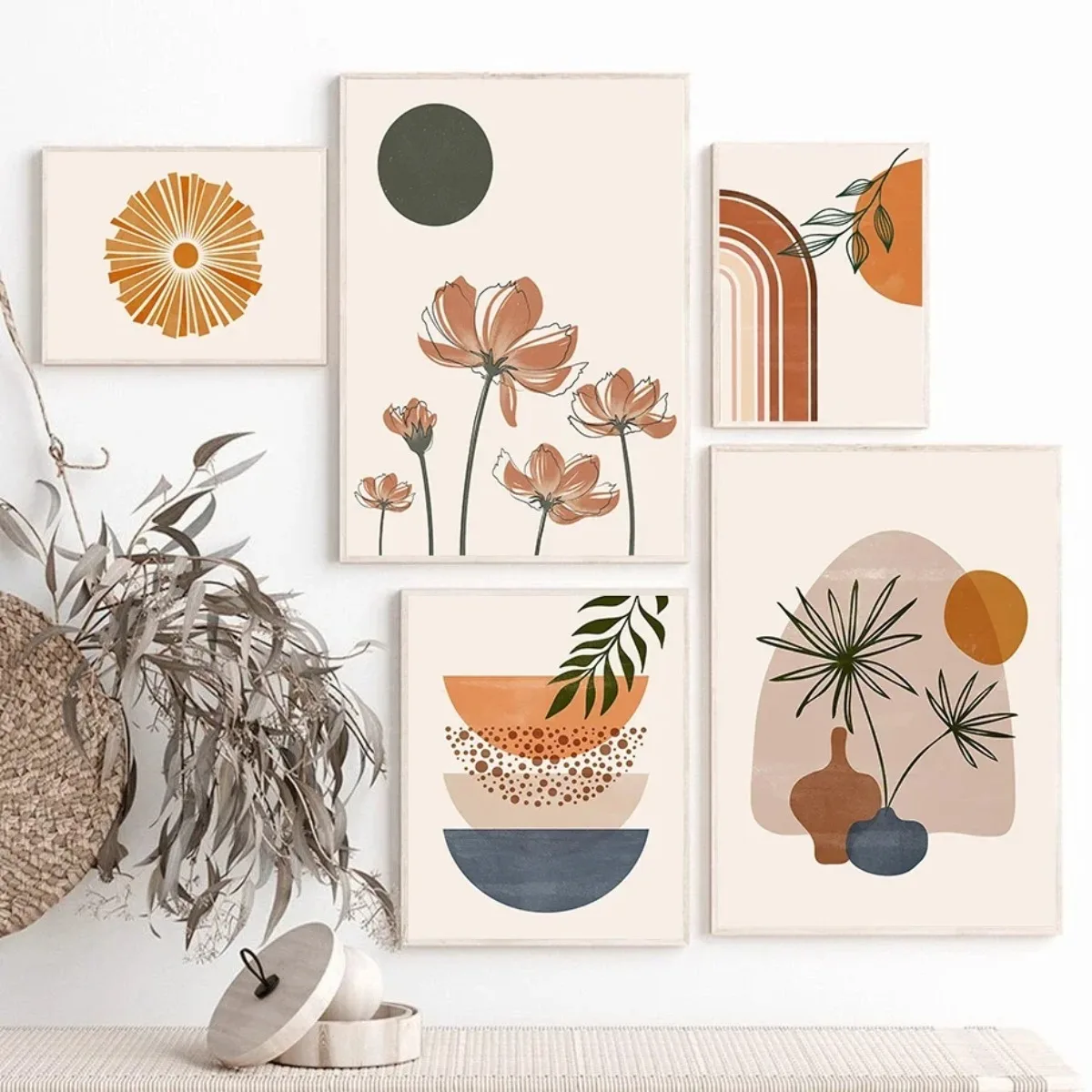 Abstract  Sun Leaves Flower Geometry Boho Wall Art Canvas Painting Nordic Posters Wall Pictures for Living Room Decor