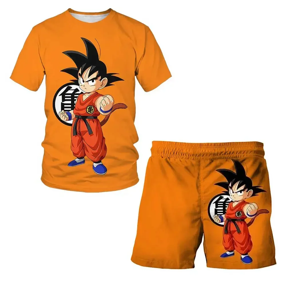 Dragon Ball Kinder 3D T-Shirt Anime Mode Sommer Top Shorts Atmungsaktives Goku Charakter Cosplay Set Geschenk Kinder Orange Kleidung