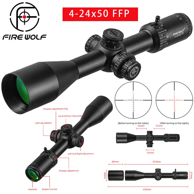 FIRE WOLF 4-24x50 FFP First Focal Plane Sights Tactical Riflescope With Illumination For Long Range Shooting Hunting Fit .338