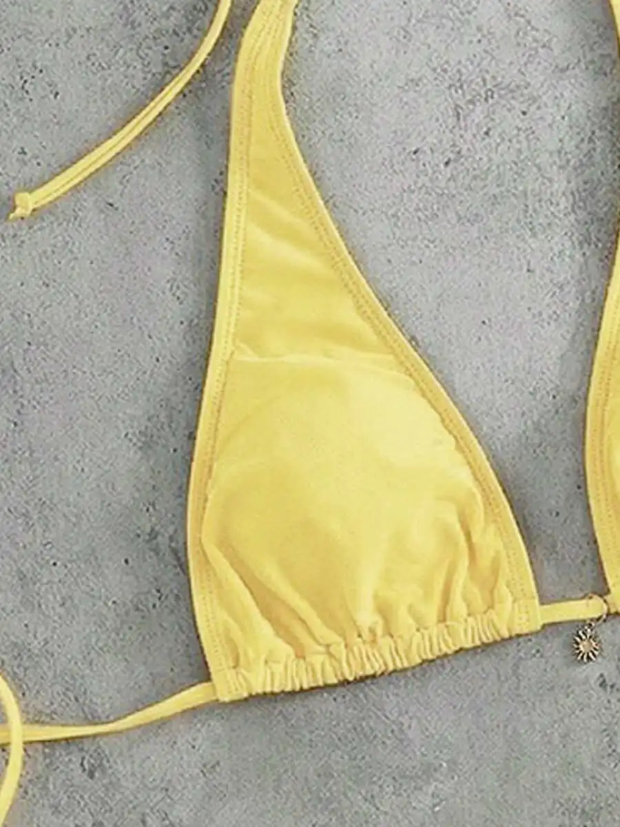 

Pale Yellow Halter Triangle Bikini Set With Sunflower Pendant Adjustable Drawstring Swimwear For Beach Pool Summer
