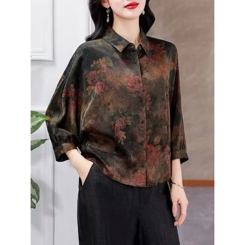 Csa de Seda Fena Nova Estilo Primavera E Estampada Solta Emaecendo Retro Top de Seda de Amora Faionable com...