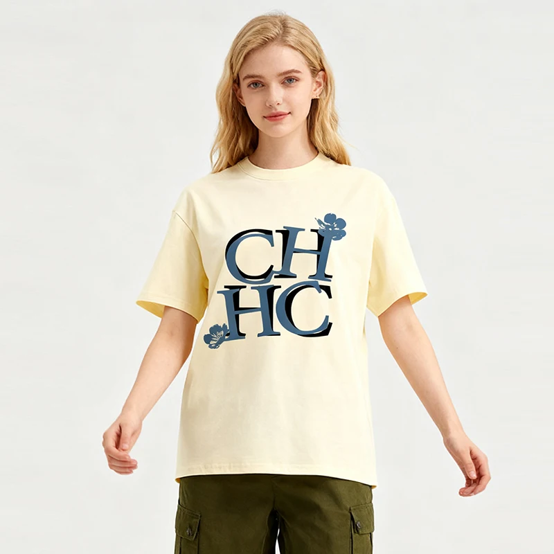 

CH Floral Letter Print Cotton T-Shirt Multi Color Choice Loose Fit Round Neck Unisex Artistic Casual Top