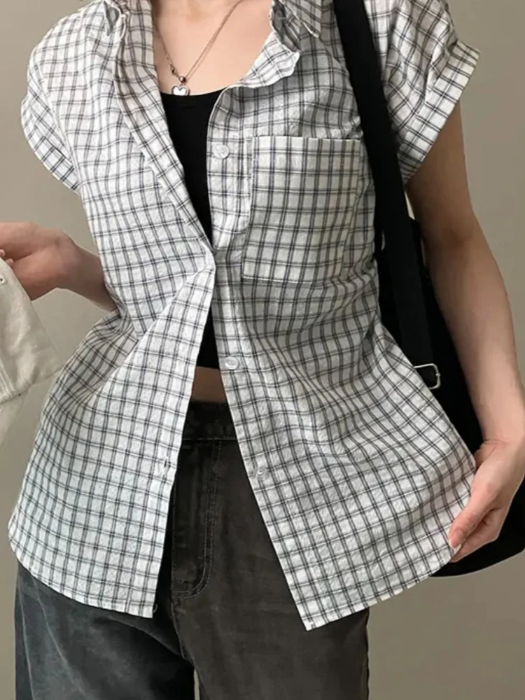 Summer Plaid Shirt Women's Chic Retro Turn-down Collar Short Sleeve Shirt Unique Elegant Open Cardigan Top Korean Sle Loose...