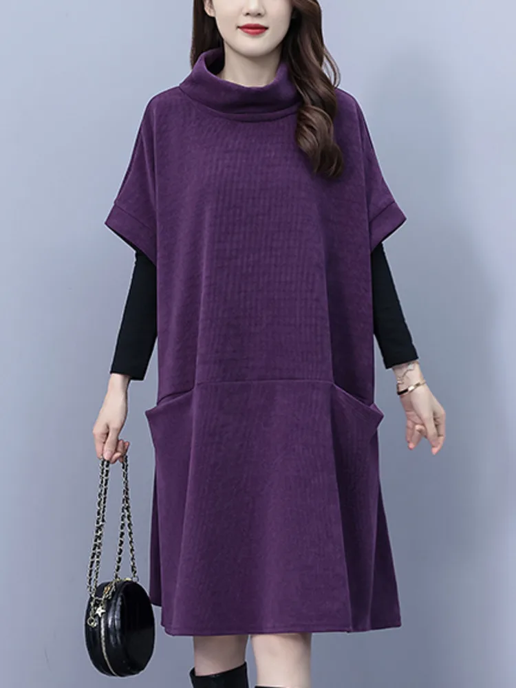 #7969 Autumn Winter Purple Turtleneck A-line Dress Raglan Sleeve Split Joint Pockets Elegant Pockets Korean Fashion Loose