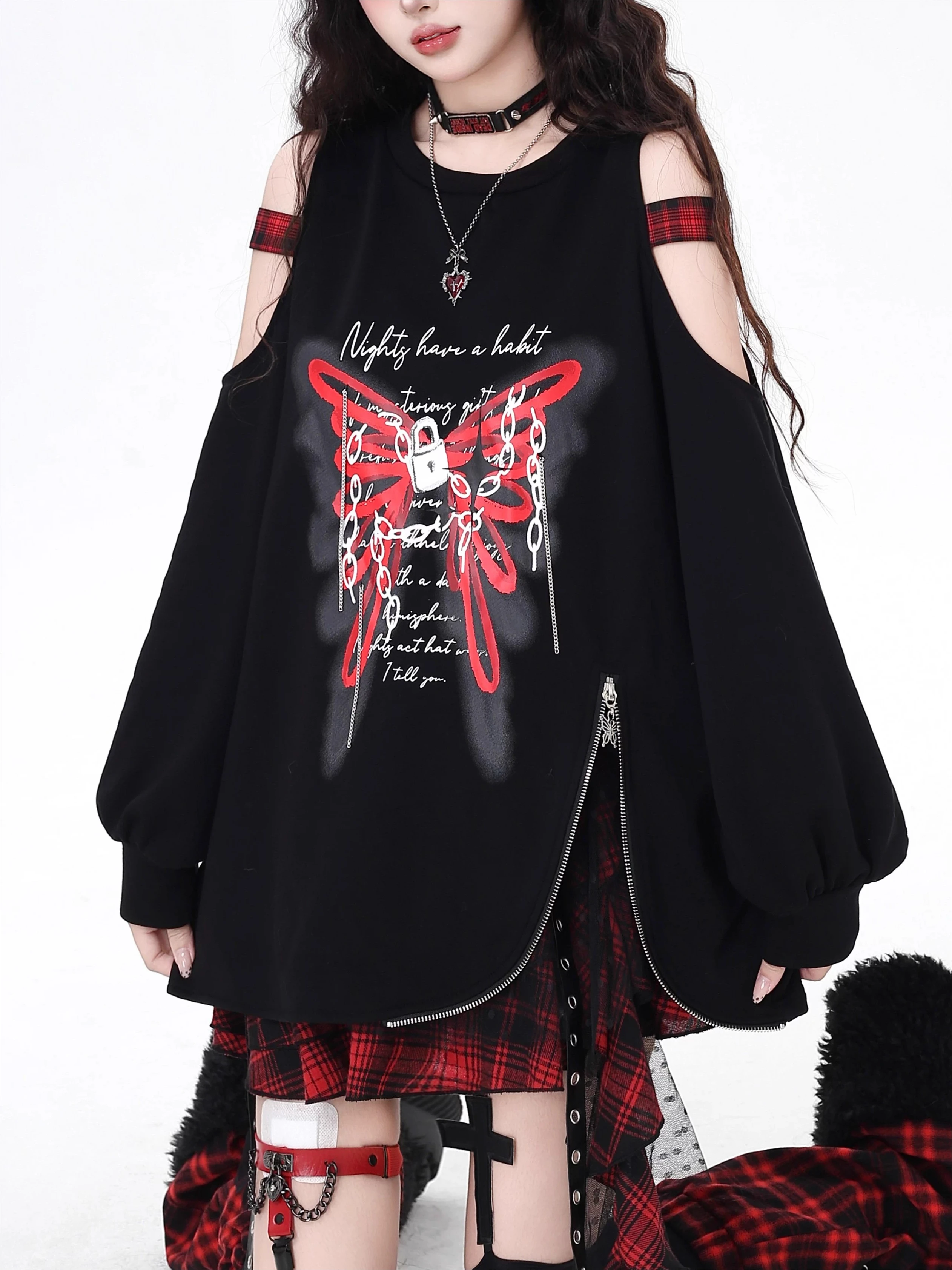 

Свободная универсальная толстовка с мультяшным принтом в консервативном стиле, осенняя милая горячая девушка, клетчатые лоскутные толстовки с открытыми плечами и длинными рукавами