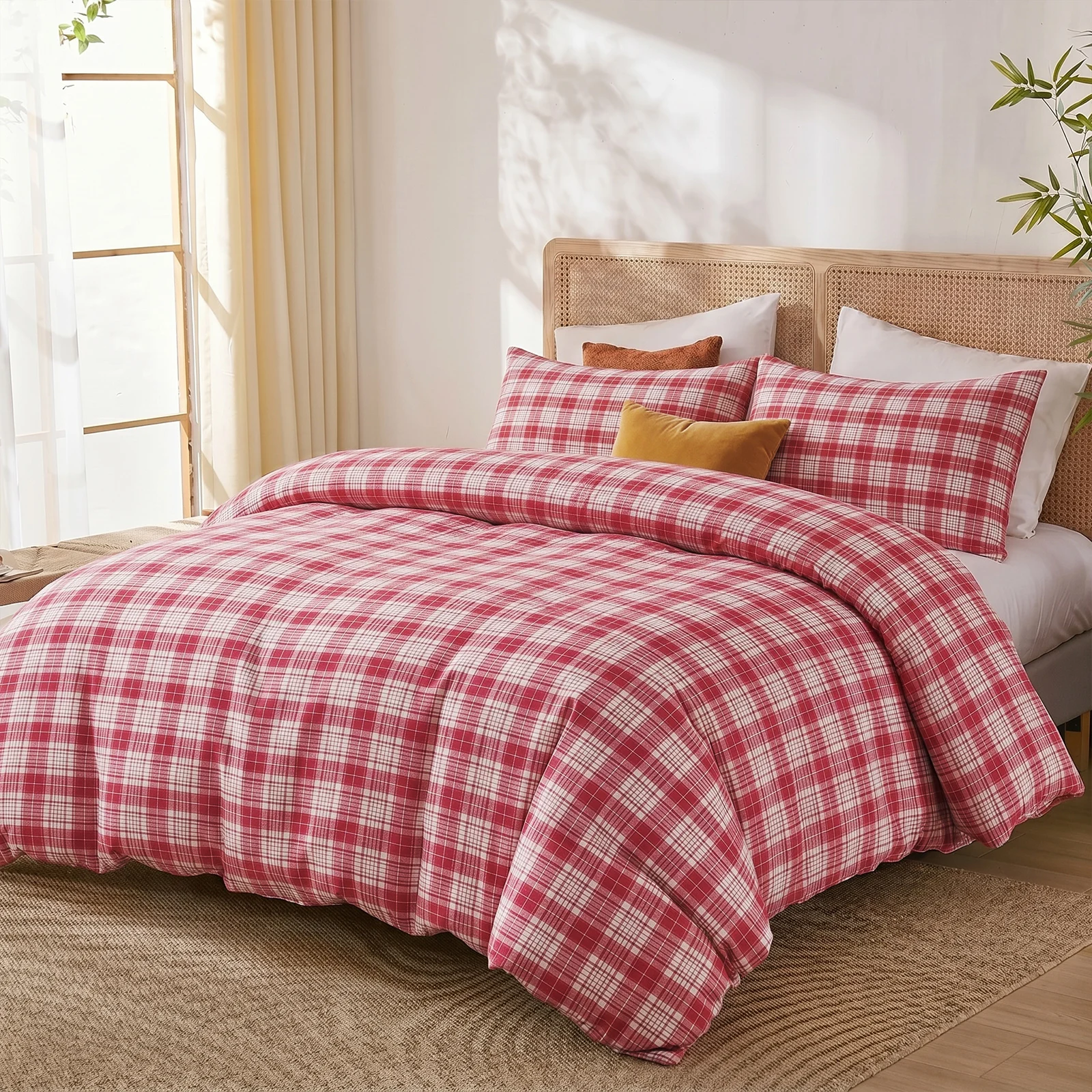 100% Cotton Plaid Duvet Cover Set, 100% Washed Cotton Bedding, King Size 3 Piece Soft Breathable Comforter Cover Set with Hidden Zipper and 8 Corner Ties, Dusty Red