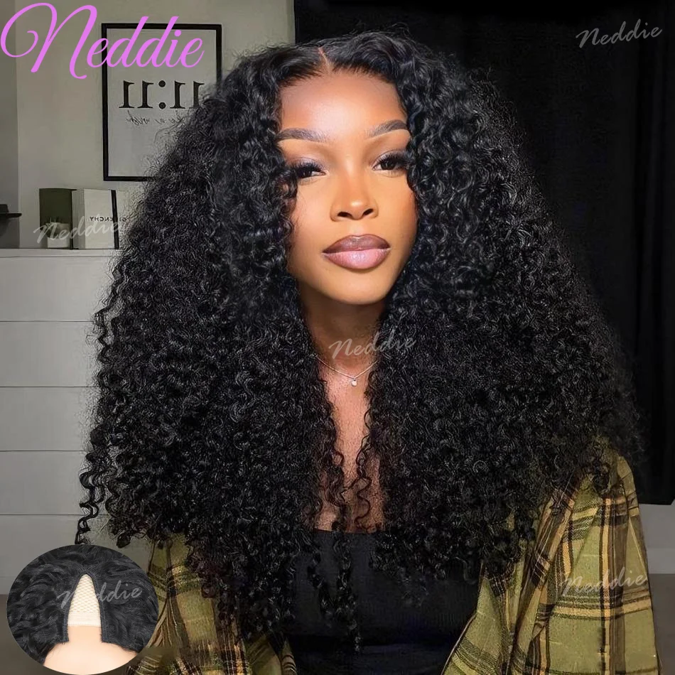 

kinky Curly V Part Human Hair Wigs Curly Wigs No Leave Out No Lace V Shape Clip Ready to Wear Wig Natural Black Color 30 Inch