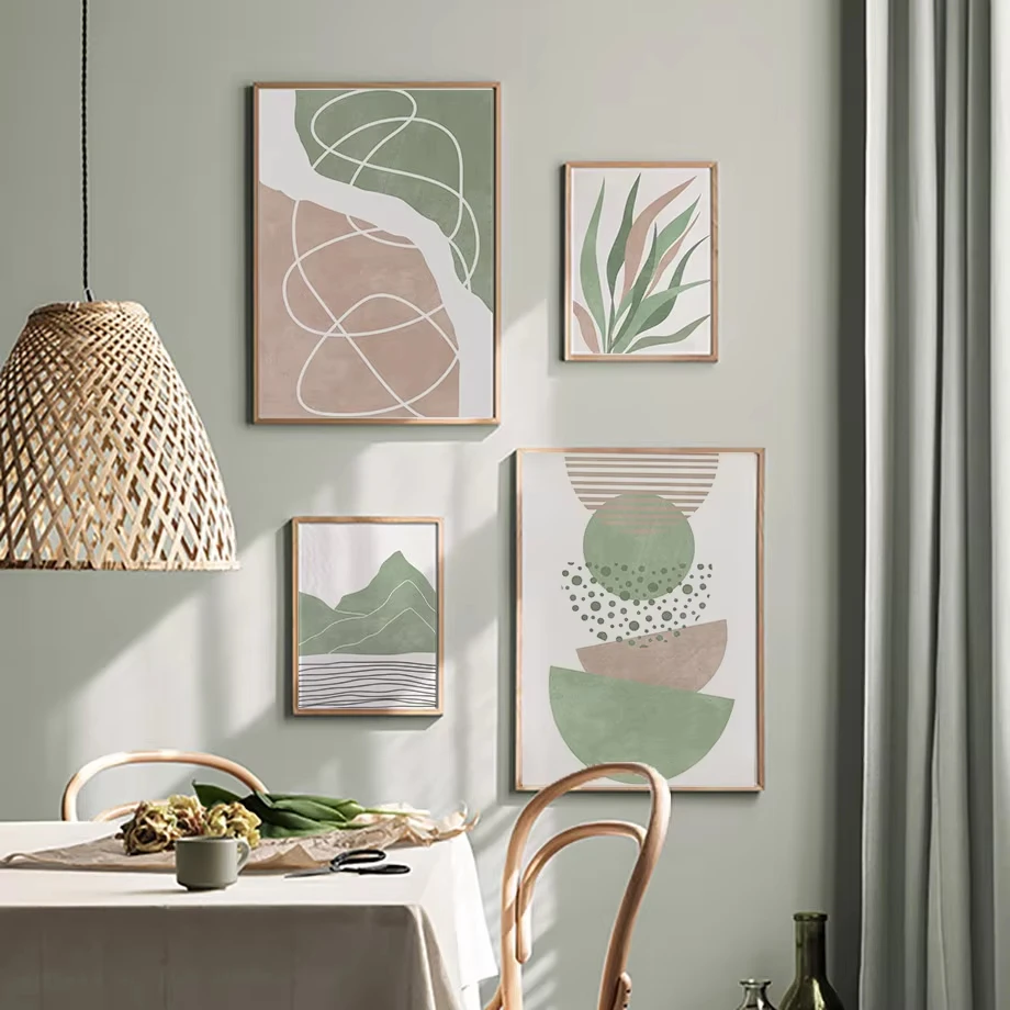(No frame)Impresión de arte de pared rosa rubor verde salvia, pintura en lienzo de sol y Luna geométrica abstracta bohemia, p