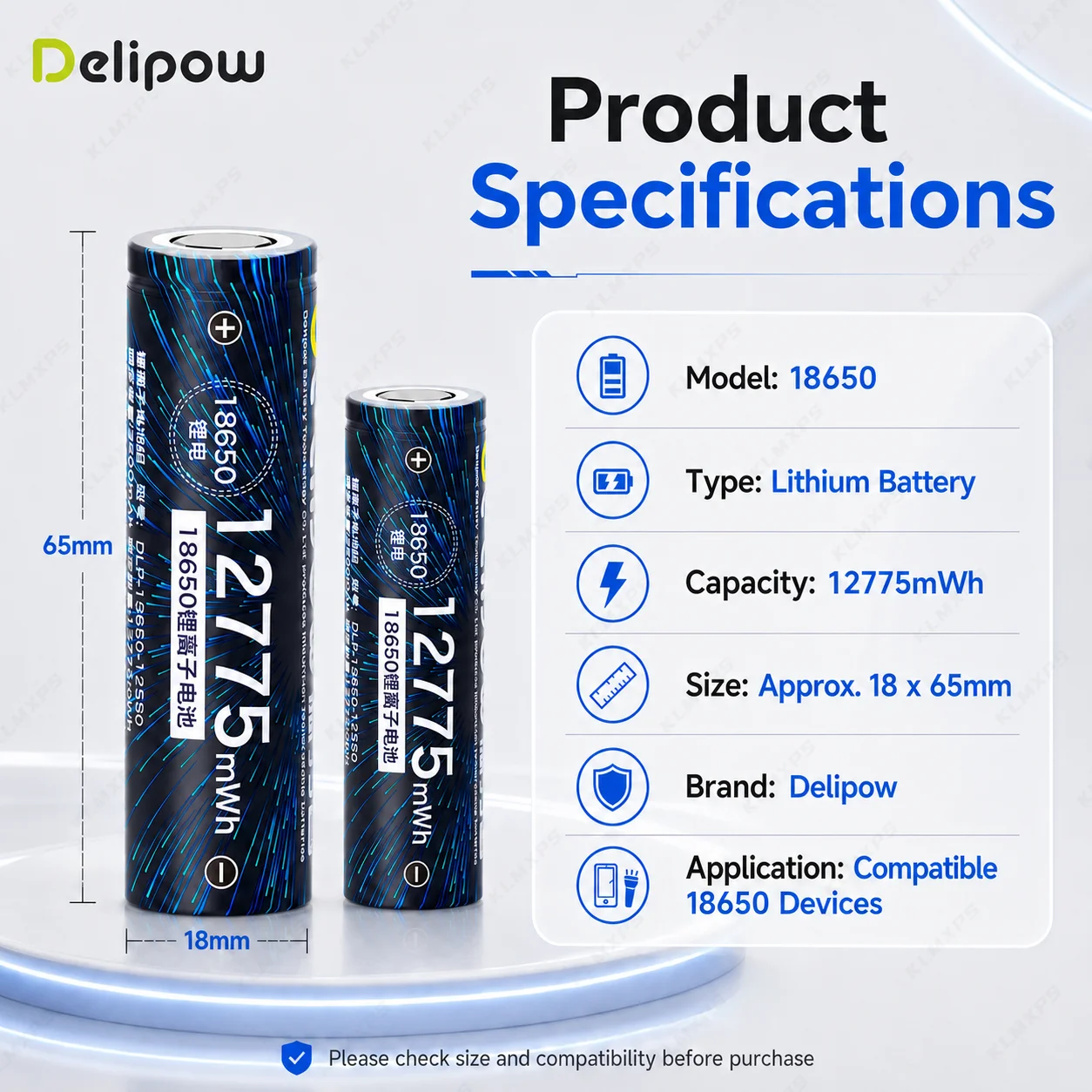 Delipow18650 Lithium Rechargeable Battery 12775mWh Cylindrical Battery for Flashlight LED Light Portable Fan Toy DIY Electronics