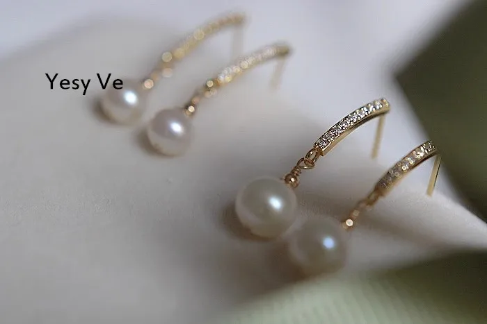 Yesy Ve Women 925 Silver 14 Gold Earrings Natural Strong Light Pearl Exquisite Diamond Stud Earrings Ear Decoration Female