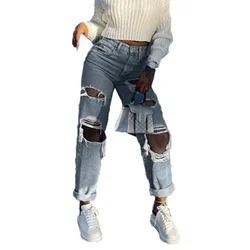 Loose Distressed Slim Washed Jeans Wide Leg Denim Pants Women 2023 Pantalones De Mujer Hole Ripped Casual Trousers Streetwear