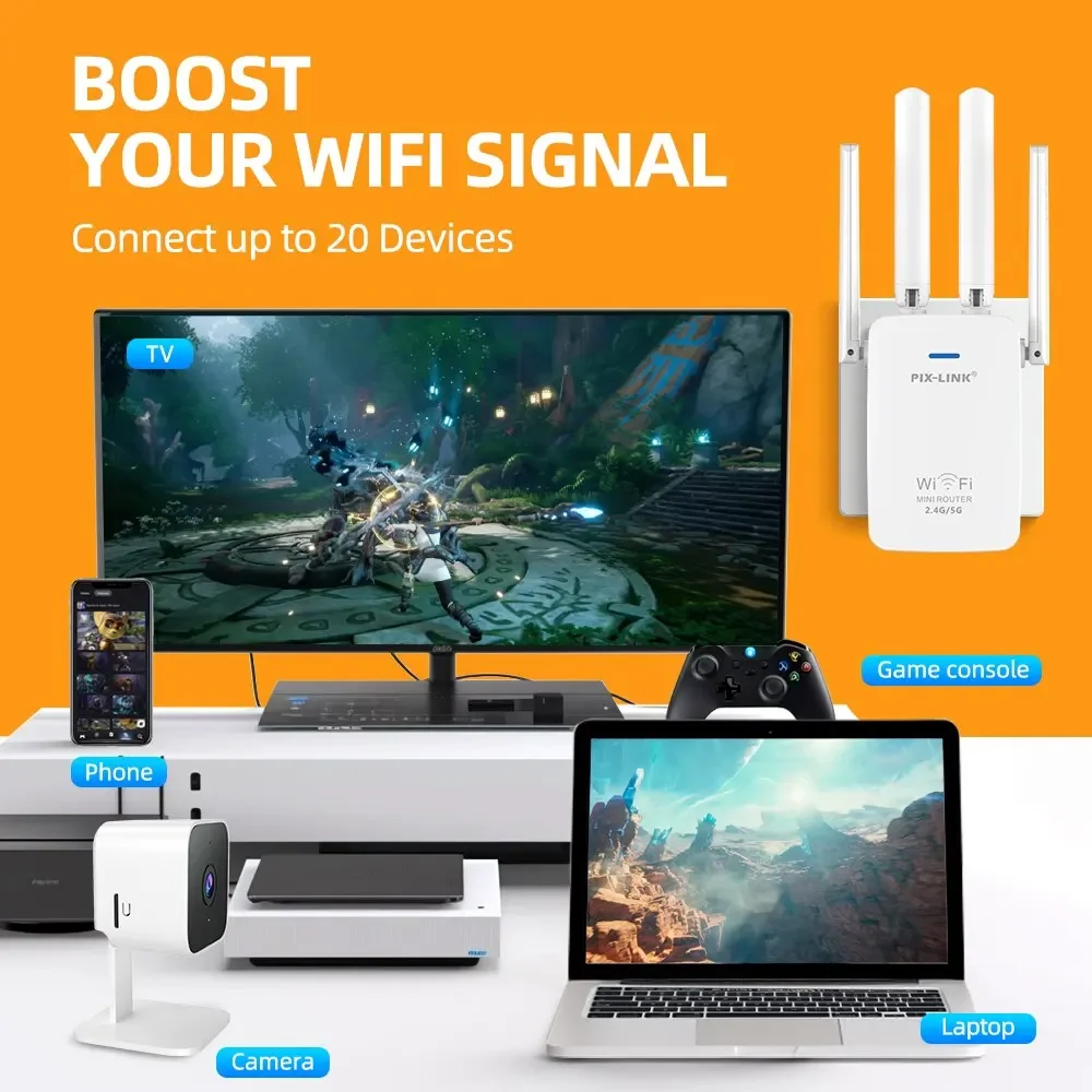 PIX-LINK AC29 1200Mbps Wireless Wifi Extender Wifi Repeater/Router Dual Band 2.4&5.8Ghz 4 Wi Fi Antenna Long Range Signal Amplif